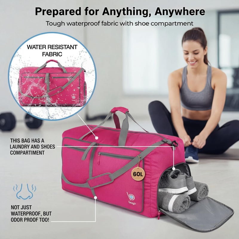 Bago Medium Duffle Bag for Travel Women & Men. Durable Lightweight Foldable Travel Duffel Bags For Traveling Women. 60L Duffle Bags For Overnight Bag With Shoe Compartment Collapsible Weekender duffel - Image 5