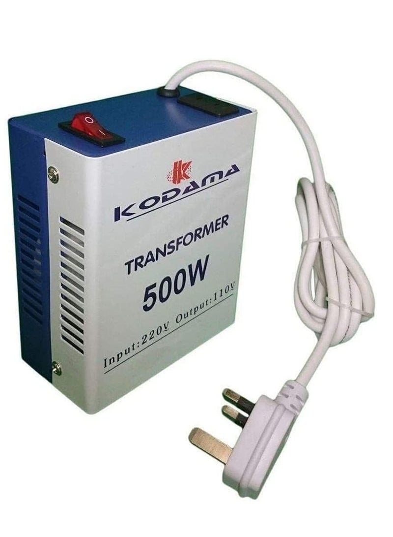 Kodama 500 Watt Universal 3 Pin UK Power Cord With Safety Fuse Included Plug Transformer 220V To 110V Step Down Power Converter Input Voltage 220V & Output Voltage is 110V Color Blue/White - Image 1
