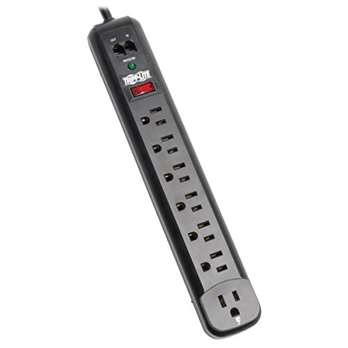 Tripp Lite 7 Outlet (6 Right Angle 1 Transformer) Surge Protector Power Strip, 6ft Cord, Tel/Modem, & $50K INSURANCE (TLP76RBTEL), Black - Image 1