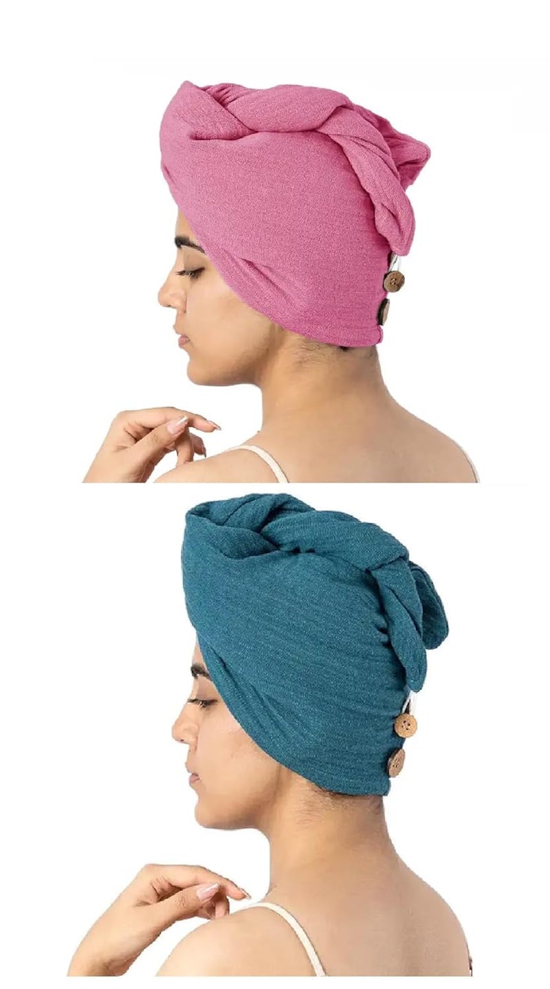 Doctor Towels Doctor Towels Banana Double Cloth Hair Towel Pack of 2 Hair Wrap for Women Towel for Long Short Hair AntiFrizz Shower Hair Towels with Button QuickDrying Hair Cap Rose Teal - Image 1