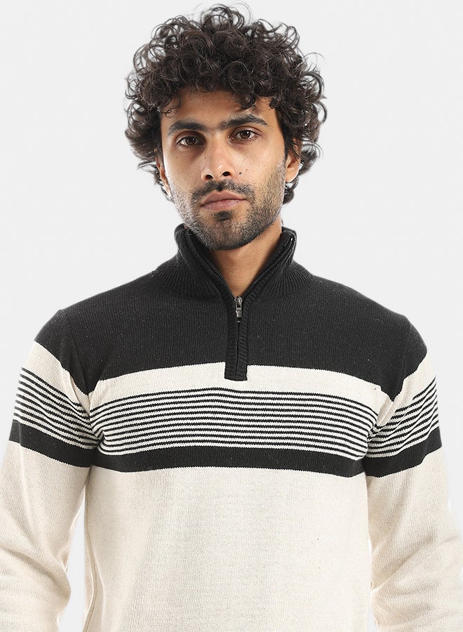 Andora Half Neck Zipper Closure Stripped kNitted Pullover_Beige & Navy - Image 4