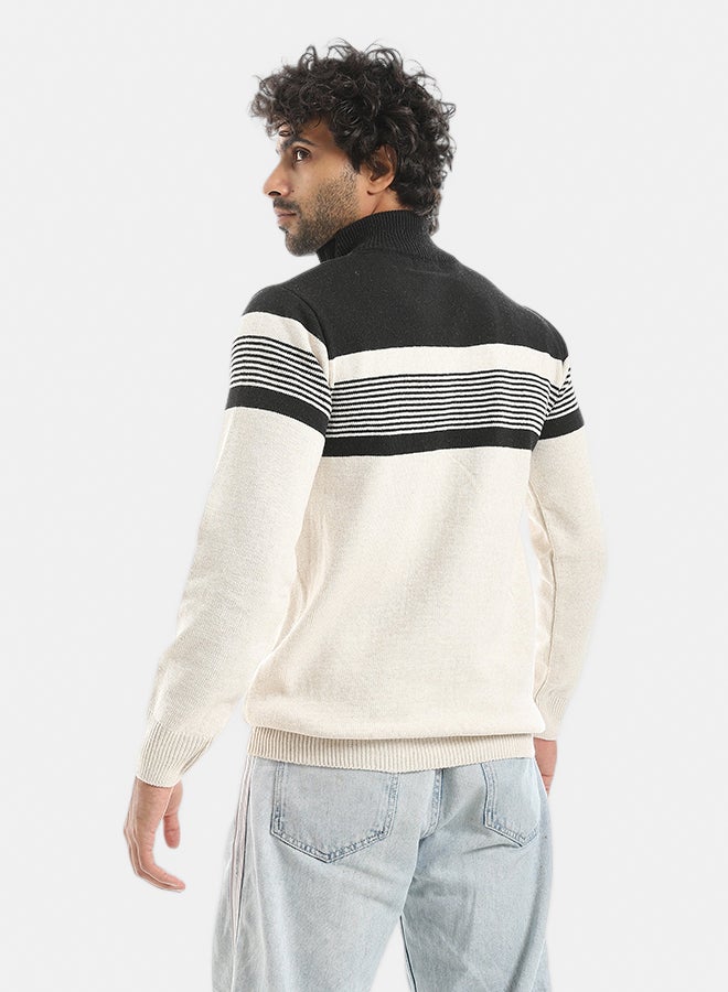 Andora Half Neck Zipper Closure Stripped kNitted Pullover_Beige & Navy - Image 3