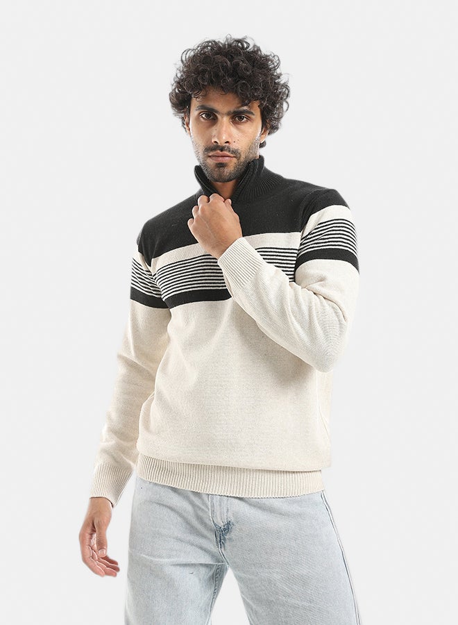 Andora Half Neck Zipper Closure Stripped kNitted Pullover_Beige & Navy - Image 1