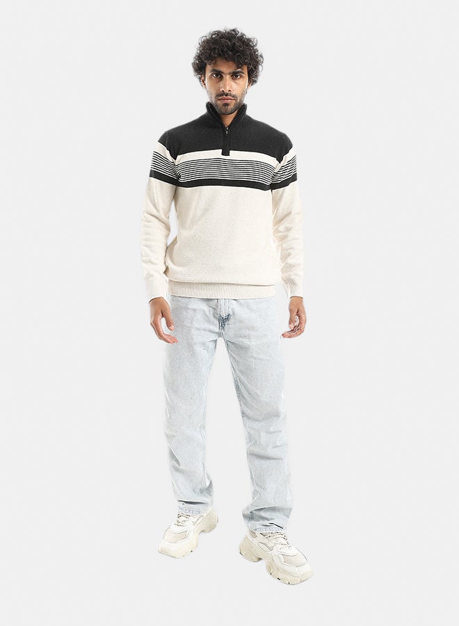 Andora Half Neck Zipper Closure Stripped kNitted Pullover_Beige & Navy - Image 5