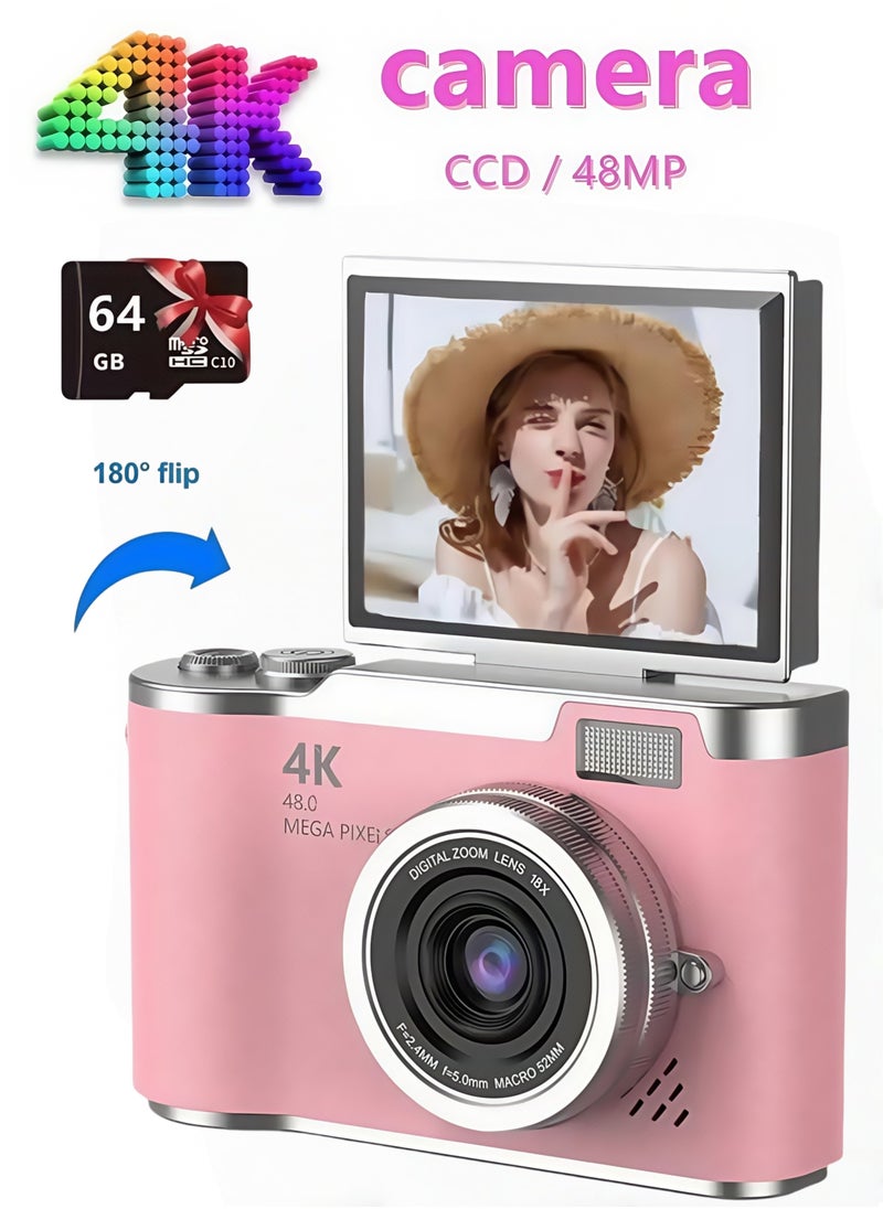 LAYRA 4k CCD Digital Zoom Student Digital Camera 48MP Portable Digital Photography Camera 180° Flip Screen Selfie Camera，free 64GB SD card  - Image 1