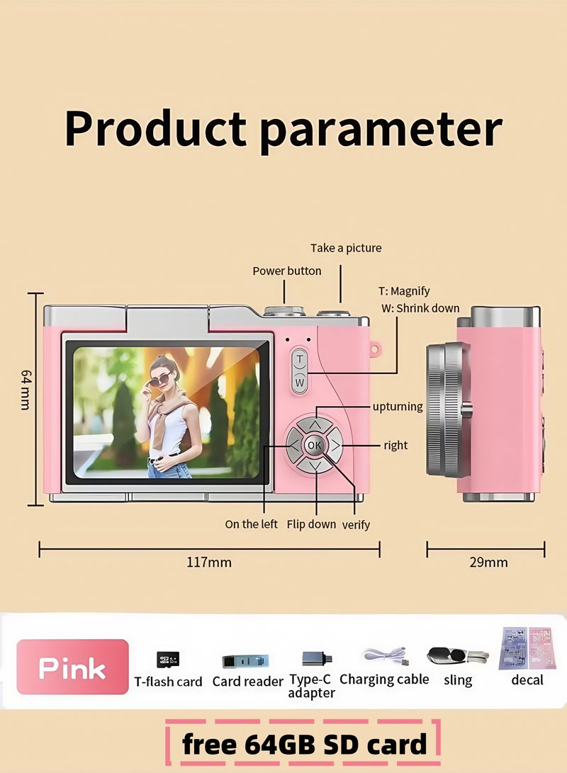 كاميرا رقمية 4K CCD للطلاب بدقة 48 ميجابكسل مع شاشة قابلة للقلب 180° للселفي وتكبير رقمي - هدية بطاقة ذاكرة 64GB