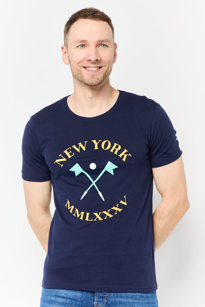 DeFacto تي شيرت رجالي بأكمام قصيرة وياقة دائرية مزخرفة، أزرق داكن - Image 1