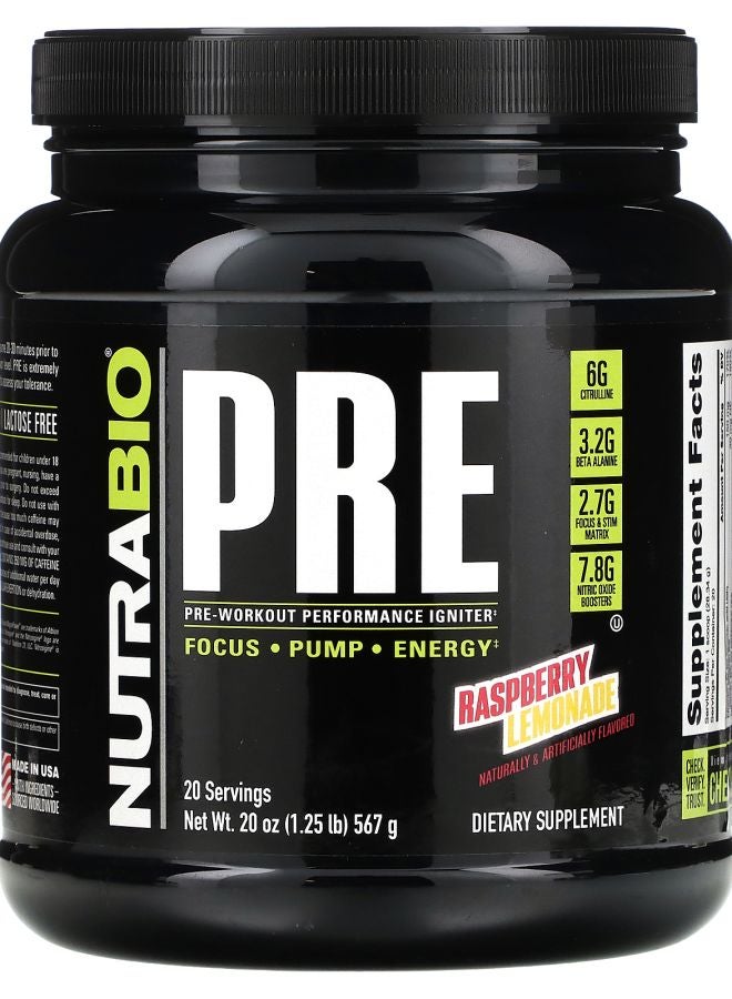 NutraBio Pre-Workout Performance Igniter Raspberry Lemonade 1.25 lb (567 g)