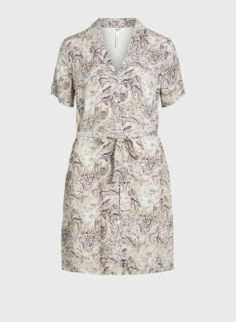 Object Printed Tie Waist Mini Shirt Dress