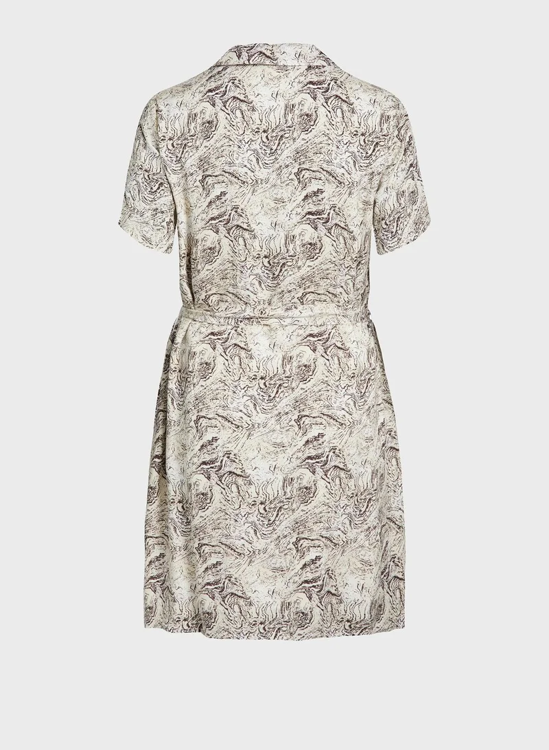 Object Printed Tie Waist Mini Shirt Dress