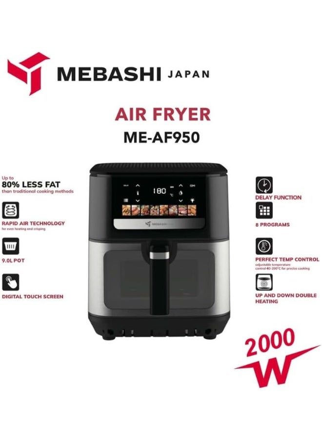 MEBASHI Digital Air Fryer, 9L Capacity, 8 Preset Programs, 2000W, LED Touch Screen, Black (ME-AF950) - Image 2