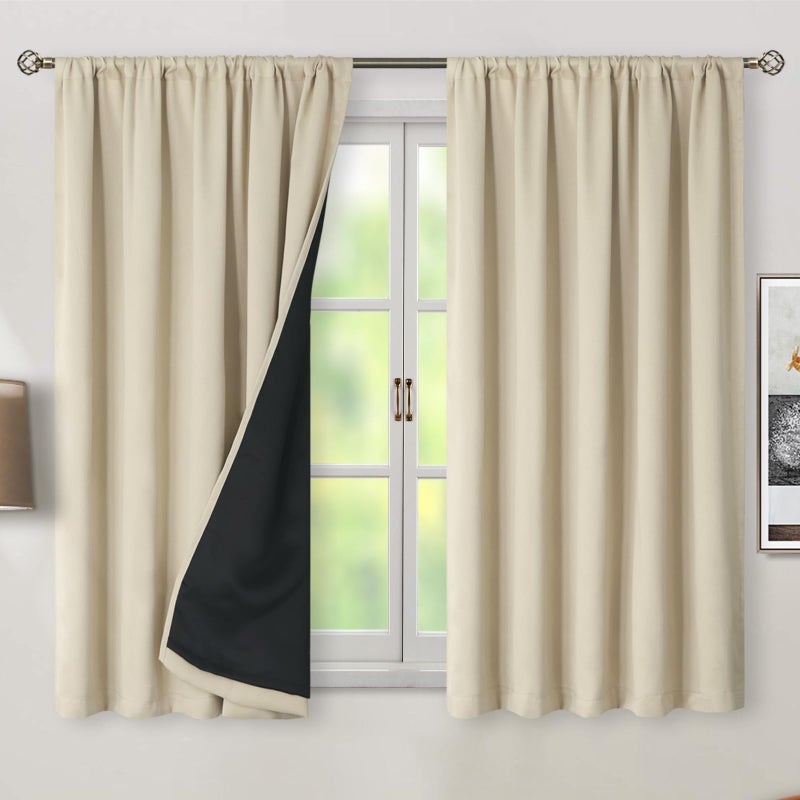 BGment Full Blackout Curtains with Thermal Insulation Liner Curtains 54 Inches Long Rod Pocket and Back Tab Double Layer Room Darkening Window Curtains for Bedroom(52 x 54 Inch  2 Panels  Beige) - Image 2