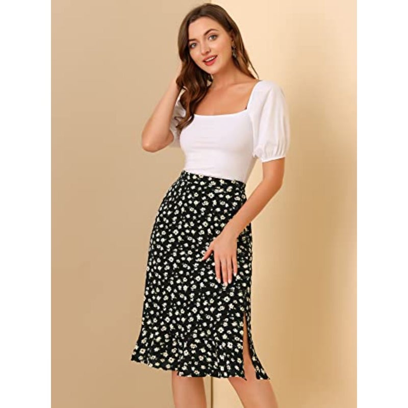Women's Floral Midi Skirts Summer Ruffle High Waist Flowy A-Line Split Knee Length Skirt - Image 4
