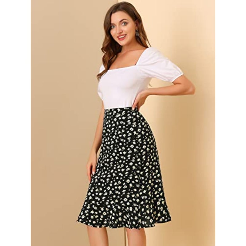 Women's Floral Midi Skirts Summer Ruffle High Waist Flowy A-Line Split Knee Length Skirt - Image 2