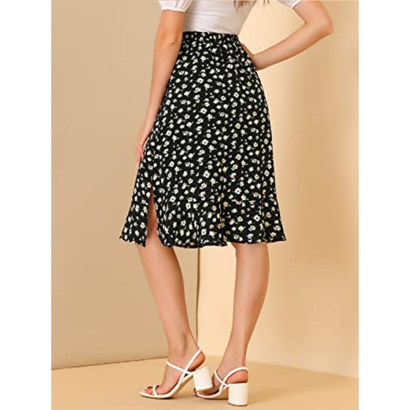 Women's Floral Midi Skirts Summer Ruffle High Waist Flowy A-Line Split Knee Length Skirt - Image 5