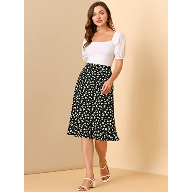Women's Floral Midi Skirts Summer Ruffle High Waist Flowy A-Line Split Knee Length Skirt - Image 3