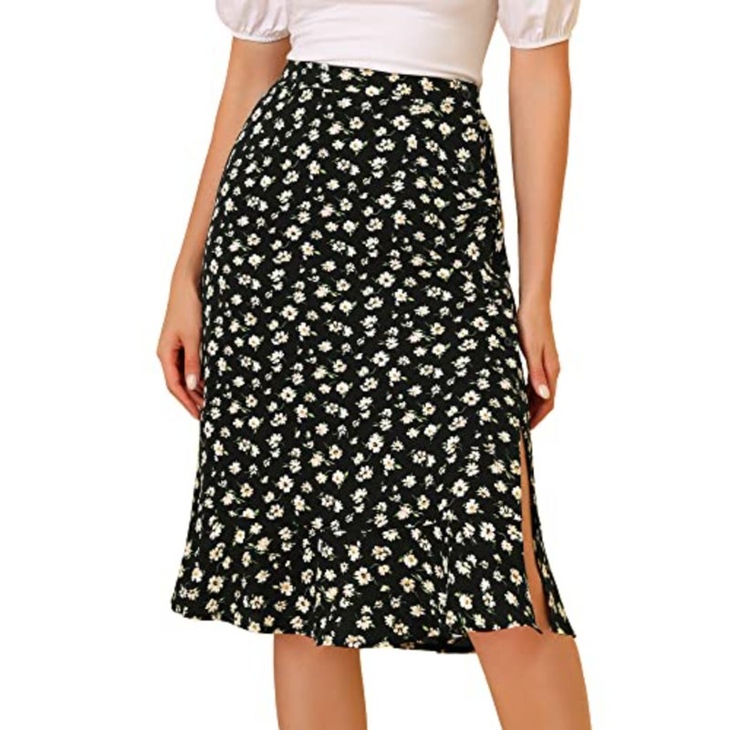 Women's Floral Midi Skirts Summer Ruffle High Waist Flowy A-Line Split Knee Length Skirt - Image 1