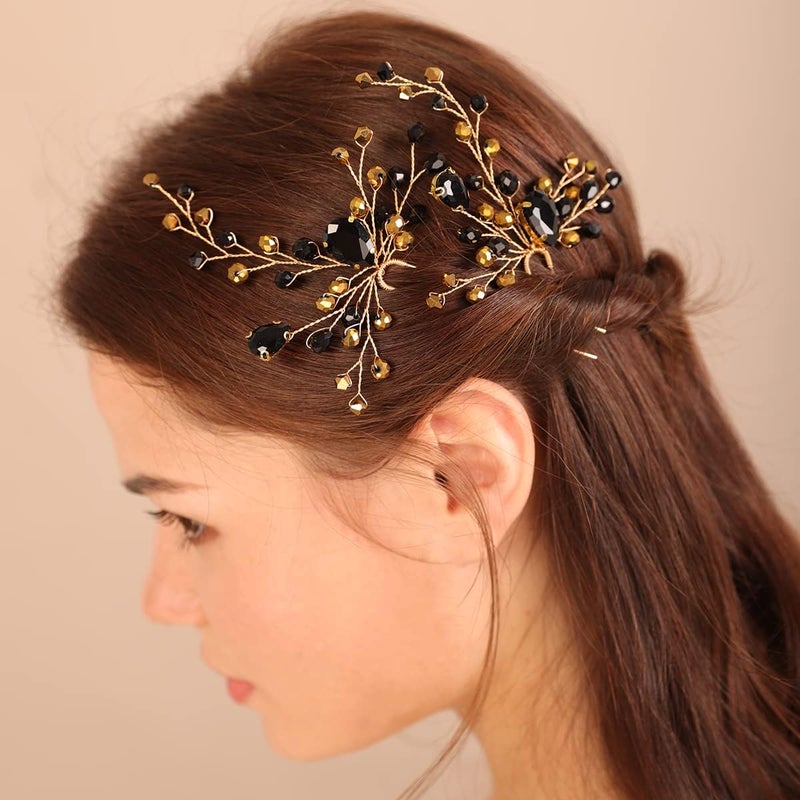 Xerling 2Pcs Gold Crystal Hair Pins Wedding Bridal Black Rhinestones Hair Accessories for Brides Boho Hair Pieces for Women and Girls Black