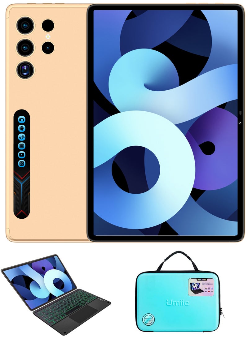 Umiio Smart Tablet S24 Ultra 10.1-inch HD Display 12GB RAM 512GB ROM with TouchPad Keyboard/Case and EWB Handbag Dual SIM 5G Network Android WiFi GPS Tab -Gold  - Image 1