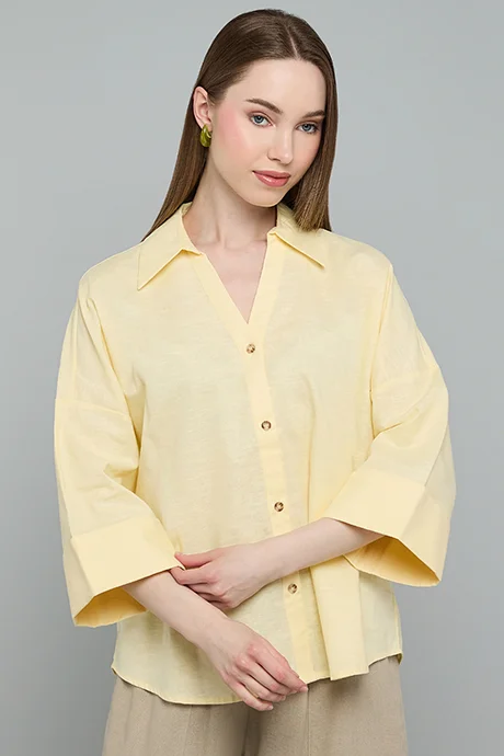 أر أند بي Solid Shirt with Spread Collar and 3/4 Sleeves