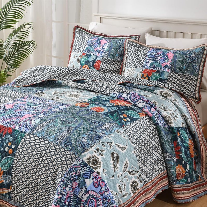 VISIMISI Cotton Bedspread Quilt Bedding Sets Reversible Coverlet Sets 3 Pieces Vintage Floral Blue Teal Patchwork Bedspread, Queen Size - Image 4