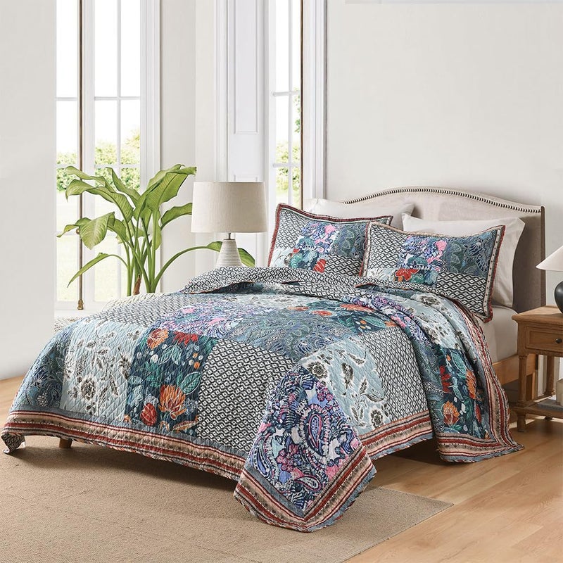 VISIMISI Cotton Bedspread Quilt Bedding Sets Reversible Coverlet Sets 3 Pieces Vintage Floral Blue Teal Patchwork Bedspread, Queen Size - Image 1