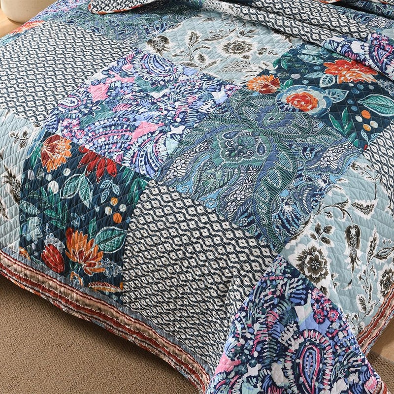 VISIMISI Cotton Bedspread Quilt Bedding Sets Reversible Coverlet Sets 3 Pieces Vintage Floral Blue Teal Patchwork Bedspread, Queen Size - Image 5