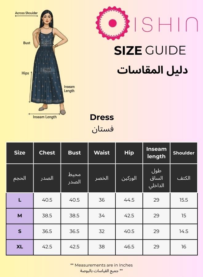 آي شين فستان ماكسي أزرق قطني مزين بكسرات واسعة - Image 4