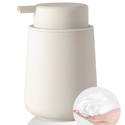 YAUKPH Matte Beige Foaming Hand Soap Dispenser Plastic 11 oz Modern Minimalist Style for Bathroom Kitchen Countertop Refillable - Image 1