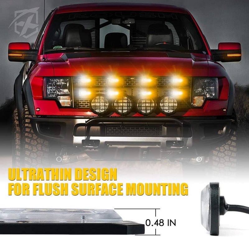 Xprite LED Surface Mount Strobe Lights Kit, White Amber Grill Grille Emergency Warning Flashing Marker Light Warning Light Assemblies for Trucks Vehicles ATV RV Cars Van - 8PCS - Image 2