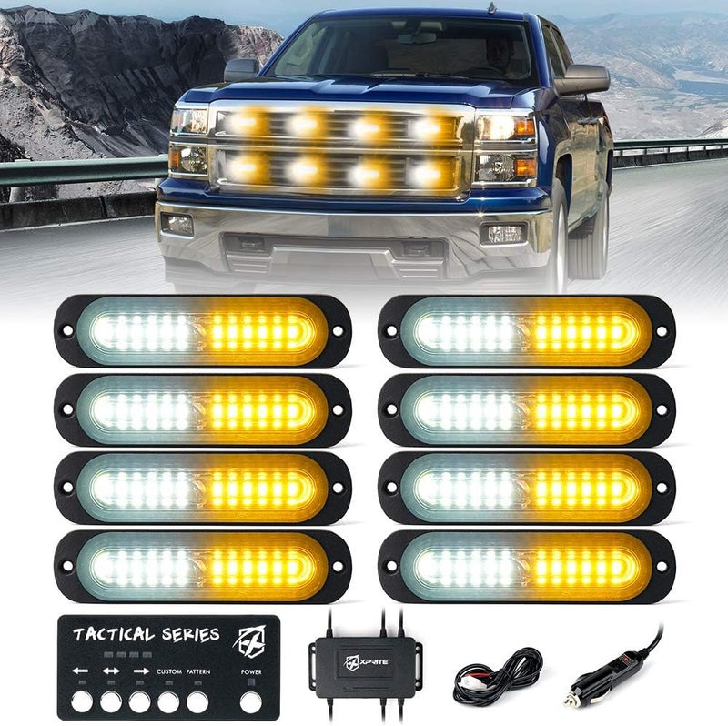 Xprite LED Surface Mount Strobe Lights Kit, White Amber Grill Grille Emergency Warning Flashing Marker Light Warning Light Assemblies for Trucks Vehicles ATV RV Cars Van - 8PCS - Image 1