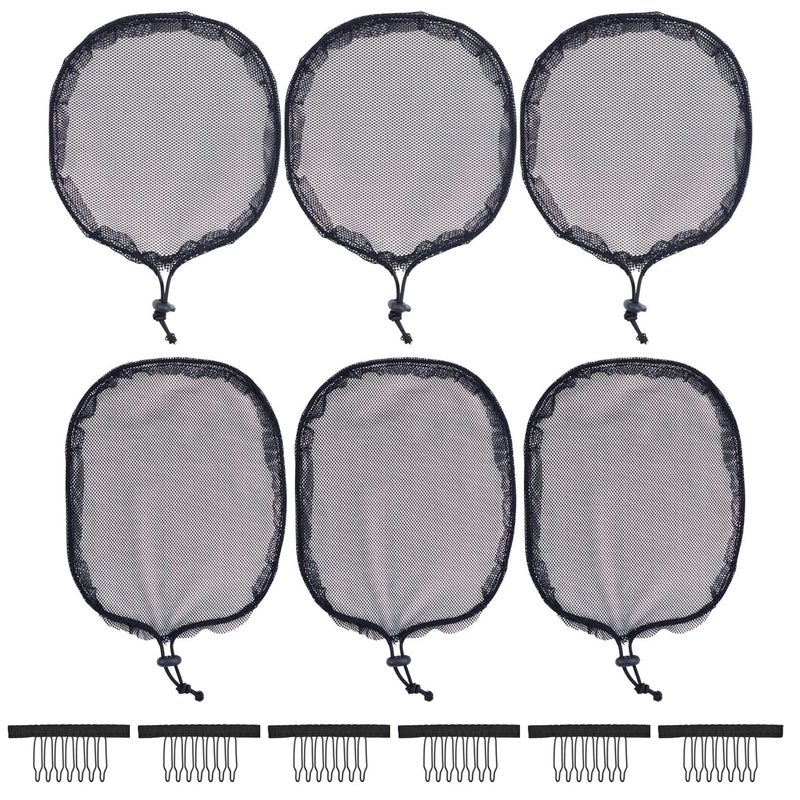 YTBYT 6 Pcs Black Weaving Net Cap Elastic Drawstring Ponytail Hair Net for Making Afro Puff Hair Bun Hair Wig Making Tools for Women 3 Pcs Round 3 Pcs Square