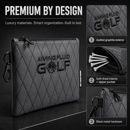 Aiming Fluid Golf Premium Leather GolfTravel Valuables Pouch Luxury Zippered Utility Bag with Diamond Stitching 360 Swivel Clip Soft Interior for Golf Accessories Travel Essentials Grey - Image 3