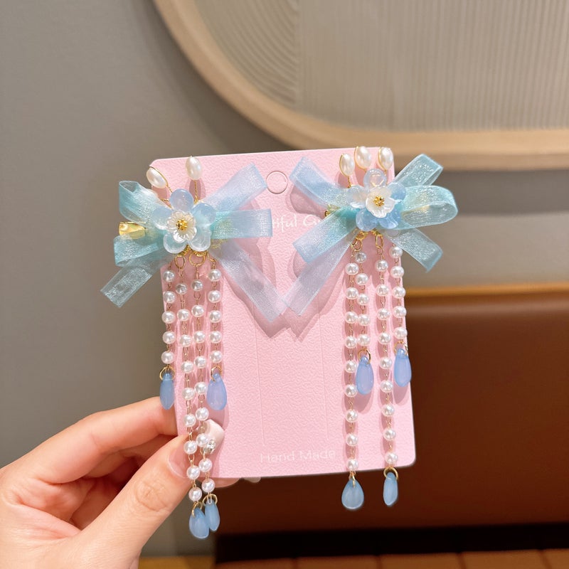 Generic New Childrens Antique Hair Accessories Flower Butterfly Antique Headwear Retro Tassel Streaming Belt Hanfu Hairpin Tang Clothing Accessories A4 Blue Pearl Pendant (Pair)