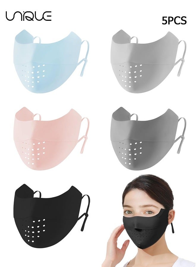 Unique 5 Pcs Breathable Ice Silk Face Masks Set - UV Face Mask - Sun Protection - Sports Face Mask - Breathable Mesh Face Cover - Dust Proof Sun Protection Fabric Face Covering - Washable, Reusable - for Running Fishing Golf Sports Face Shield (Black/Pink/Blue/Light Grey/Dark Grey) - Image 1
