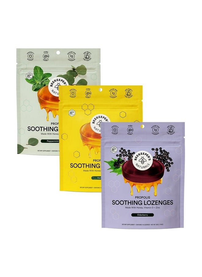Beekeeper's Naturals Beekeeper's Naturals Soothing Honey Cough Drops 3 Flavors Pack,Honey,Peppermint & Elderberry Sore Throat Relief Soothing Lozenges with Zinc,Propolis & Vitamin D,42 Ct  - Image 1