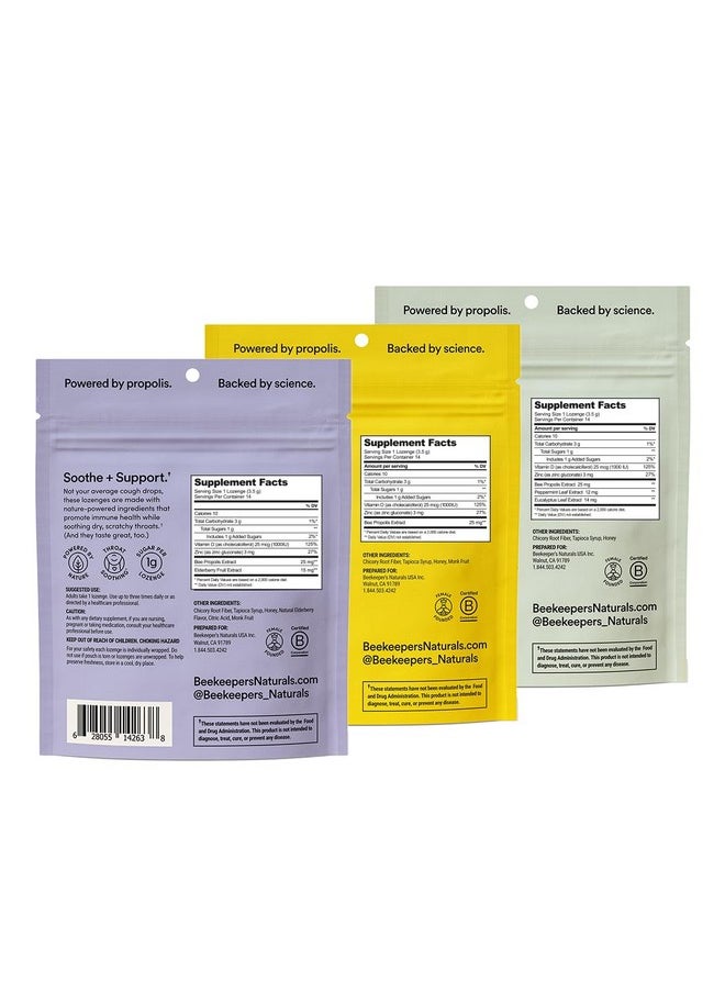 Beekeeper's Naturals Beekeeper's Naturals Soothing Honey Cough Drops 3 Flavors Pack,Honey,Peppermint & Elderberry Sore Throat Relief Soothing Lozenges with Zinc,Propolis & Vitamin D,42 Ct  - Image 4