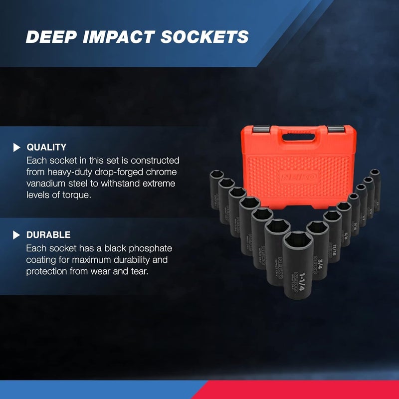 Neiko 02476A 1/2" Impact Socket Set, 14 Piece 6 Point Impact Set, Standard Impact Socket Set, SAE Sizes (3/8-Inch to 1-1/14") Cr-V Steel, Deep Socket Set 1/2 Drive, - Image 2