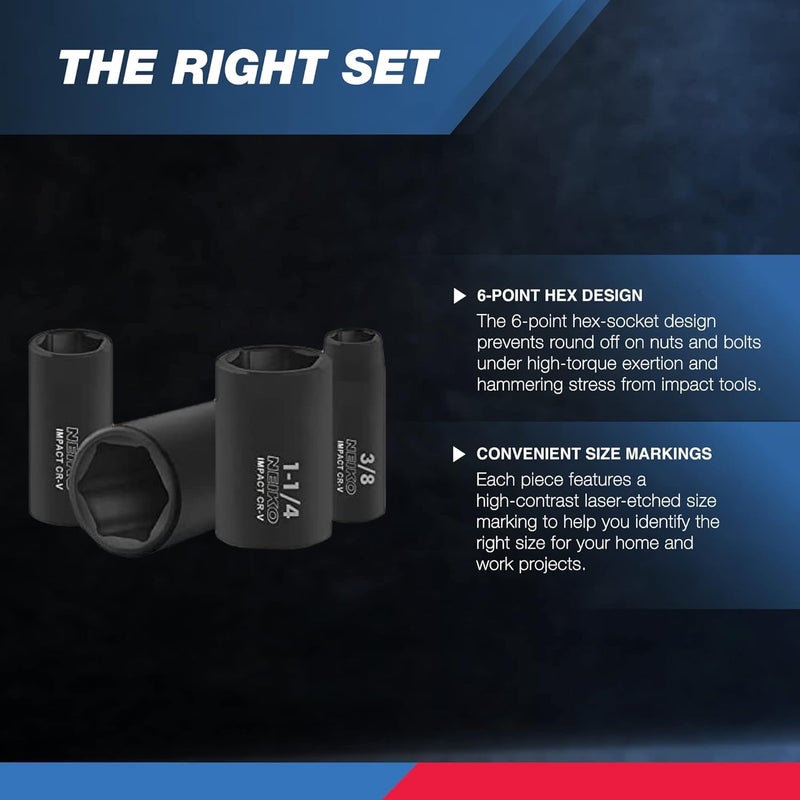 Neiko 02476A 1/2" Impact Socket Set, 14 Piece 6 Point Impact Set, Standard Impact Socket Set, SAE Sizes (3/8-Inch to 1-1/14") Cr-V Steel, Deep Socket Set 1/2 Drive, - Image 3