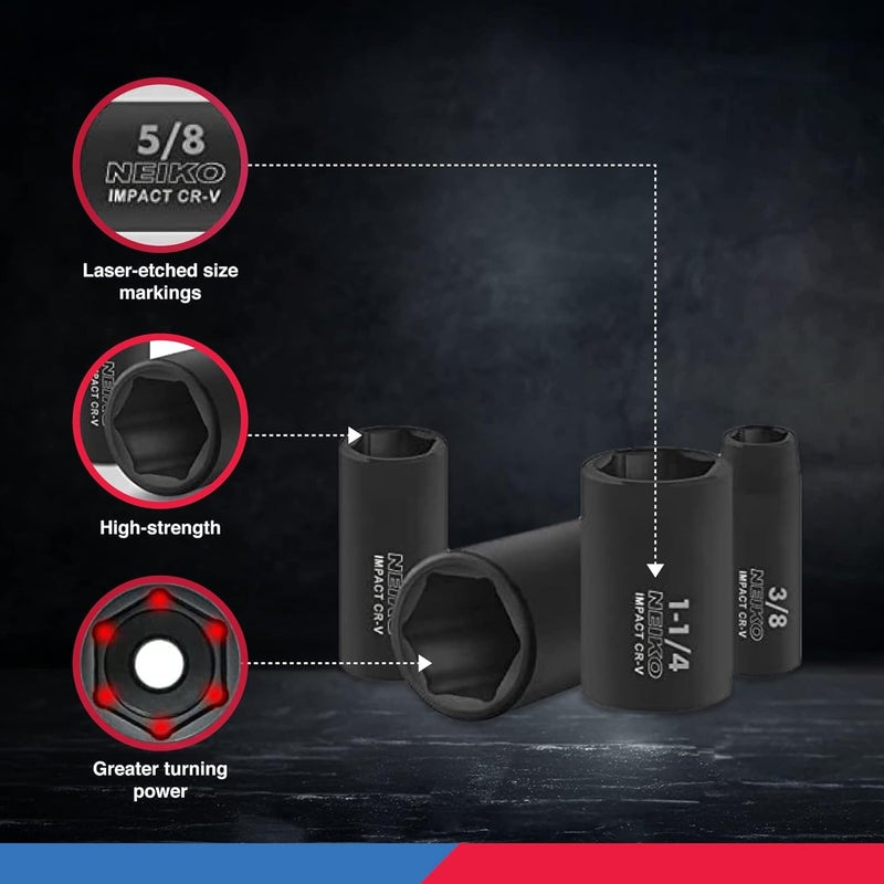 Neiko 02476A 1/2" Impact Socket Set, 14 Piece 6 Point Impact Set, Standard Impact Socket Set, SAE Sizes (3/8-Inch to 1-1/14") Cr-V Steel, Deep Socket Set 1/2 Drive, - Image 4