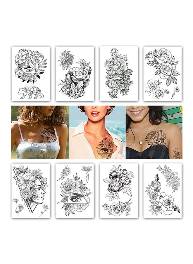 8 Sheets Temporary Tattoos For Both Male And Female Adults, Waterproof And Realistic Tattoo Stickers, Flowers, Girls, Carnival Accessories And Party Supplies - Image 1