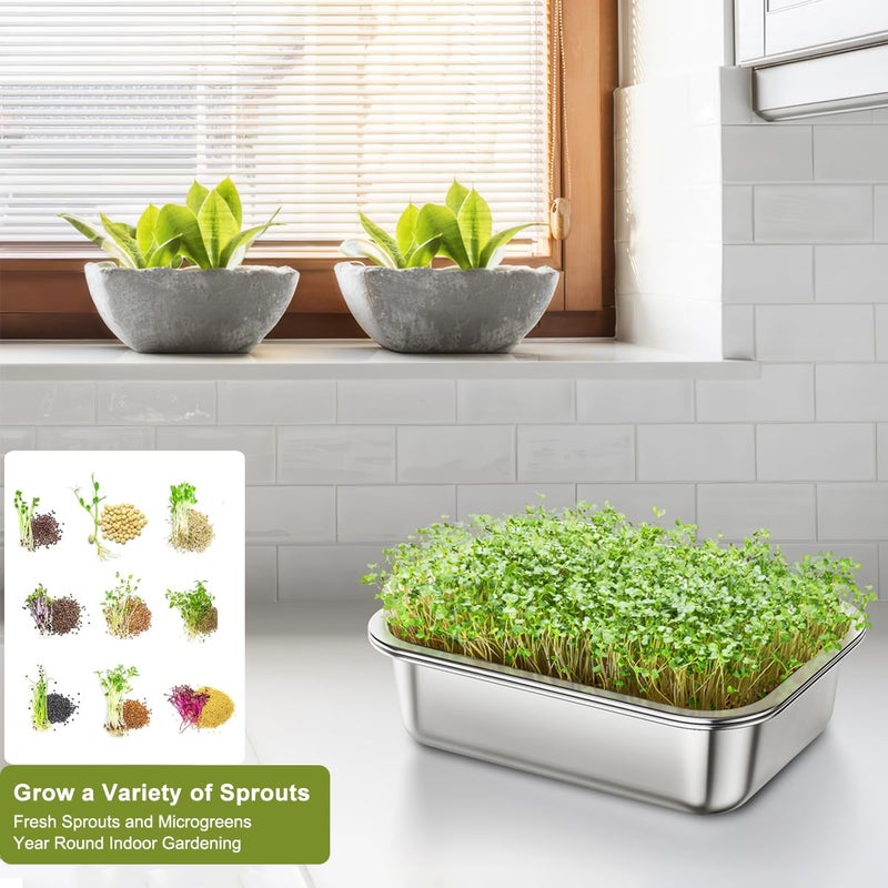 FANHAO 2-Pack Sprouting Tray Kit, Stainless Steel Soil-Free Cultivation Germination Tray, Healthy Wheatgrass Grower Sprouting Container Kit Nursery Tray for Indoors Plant Seedlings - Image 4