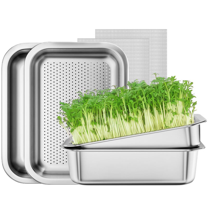 FANHAO 2-Pack Sprouting Tray Kit, Stainless Steel Soil-Free Cultivation Germination Tray, Healthy Wheatgrass Grower Sprouting Container Kit Nursery Tray for Indoors Plant Seedlings - Image 1