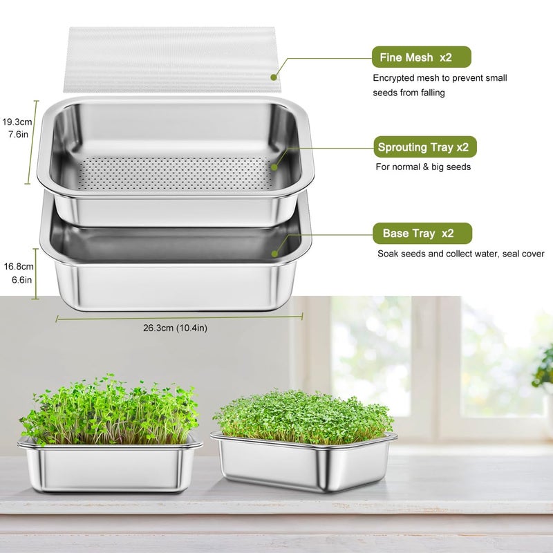 FANHAO 2-Pack Sprouting Tray Kit, Stainless Steel Soil-Free Cultivation Germination Tray, Healthy Wheatgrass Grower Sprouting Container Kit Nursery Tray for Indoors Plant Seedlings - Image 2