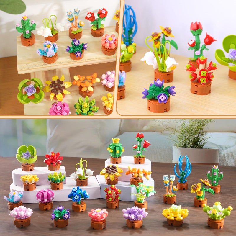 CUBIMANA 24 Pack Flowers Succulent Party Favors for Kids Building Set - 1012pcs Botanical Bonsai 3.6mm Mini Building Blocks Toy for Easter Basket Fillers Classroom Prize Stocking Stuffer Gift for Girl Boy 6+ - Image 5