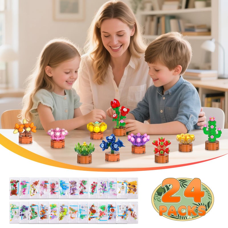 CUBIMANA 24 Pack Flowers Succulent Party Favors for Kids Building Set - 1012pcs Botanical Bonsai 3.6mm Mini Building Blocks Toy for Easter Basket Fillers Classroom Prize Stocking Stuffer Gift for Girl Boy 6+ - Image 4