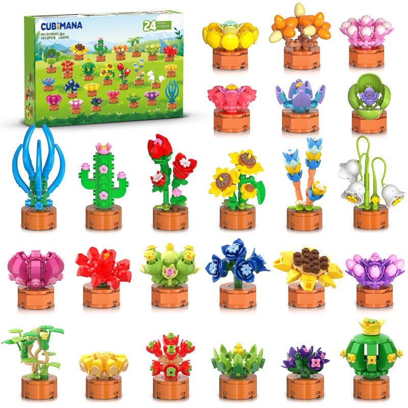 CUBIMANA 24 Pack Flowers Succulent Party Favors for Kids Building Set - 1012pcs Botanical Bonsai 3.6mm Mini Building Blocks Toy for Easter Basket Fillers Classroom Prize Stocking Stuffer Gift for Girl Boy 6+ - Image 1
