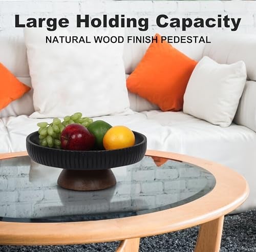 LAVAUK Mango Wood fruit bowl, Decorative black bowl with natural finish pedestal | 12" dia | Dual tone look | Use as Centerpiece for kitchen counter or dining table (Black) - Image 5