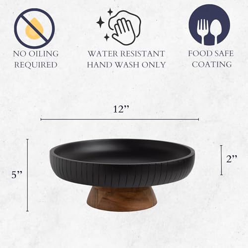 LAVAUK Mango Wood fruit bowl, Decorative black bowl with natural finish pedestal | 12" dia | Dual tone look | Use as Centerpiece for kitchen counter or dining table (Black) - Image 4