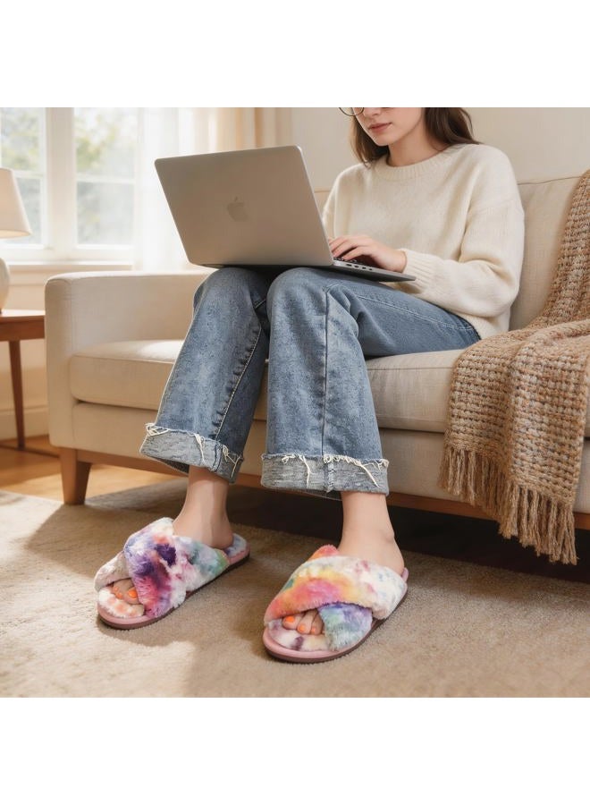 Crazy Lady Women's Fuzzy Crossband Fluffy Furry Fur Slippers Flip Flop Winter Warm Cozy House Memory Foam Sandals Slides Soft Flat Comfy Anti-Slip Spa Indoor Outdoor Slip on (06/Rainbow, 7-8) - Image 2